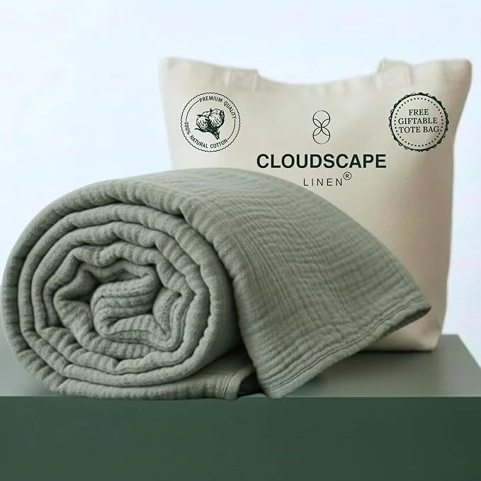 Solid CLOUDSCAPE Cotton 4 Layer Muslin Blanket Queen Size Oversized 92×92 Fits Upto Full Size Bed Soft Breathable Lightweight Layering Summer Blanket for Adults Spring Gift Idea- Olive Green Excellent
