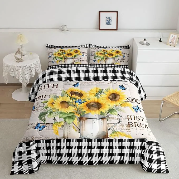 Artisan Yellow Sunflowers Queen Size Comforter Set Rustic Farmhouse Style Down Comforter Adults Bedroom Decor Black White Plaid Retro Gingham Ultra Soft Microfiber Inner Fill 3Pcs Bedding Innovative