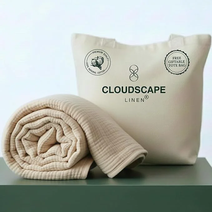 Recyclable CLOUDSCAPE Cotton Muslin Throw Blanket for Adults – 4 Layer 50×70 Oversized Breathable Gauze Bedding All Season Spring Gifting Cozy Lightweight Throw for Sofa Couch Home Decor – Fog Prestigious