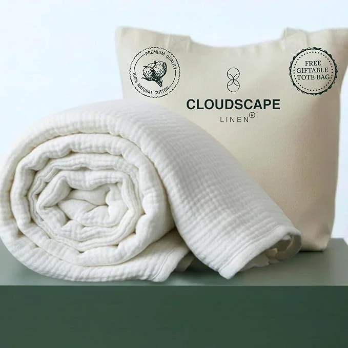 High-Performance CLOUDSCAPE Cotton Muslin Blanket King Size for Bed – Oversized 4 Layer 108×92 Fits Upto Calking Bed – Soft Breathable Gauze Lightweight All Season Summer Layering Blankets for Adults- White Clean