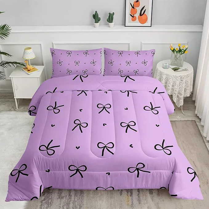 Authentic 3 Pieces Purple Kawaii Bedding Set for Girls Black Bowknot Comforter King Size Cute Bow Tie Knot and Love Bedding for Women Girls Kids Romantic Princess Quilt Set 1 Comforter 2 Pillowcases Fashionable