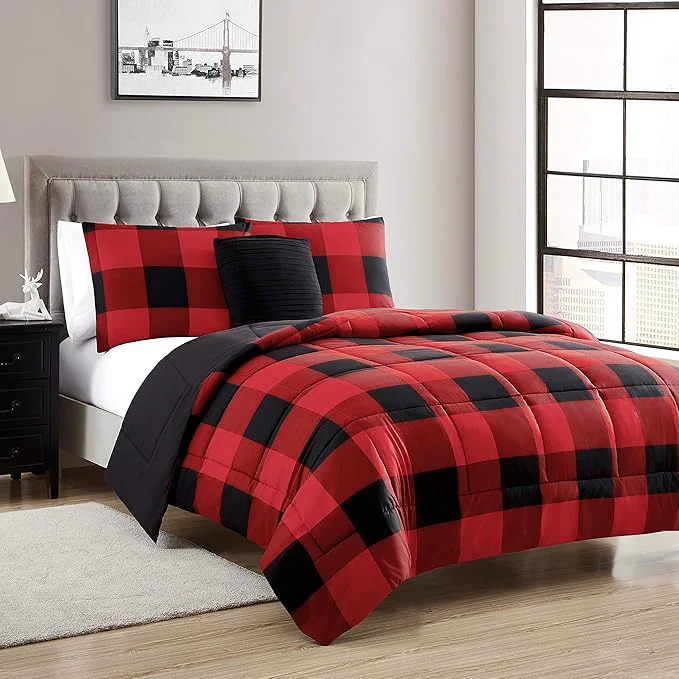 Fast Sweet Home Collection 4 Piece Buffalo Check Plaid Design Reversible to Solid Color with 2 Shams amp Throw Pillow Full Queen Burgundy Specialty
