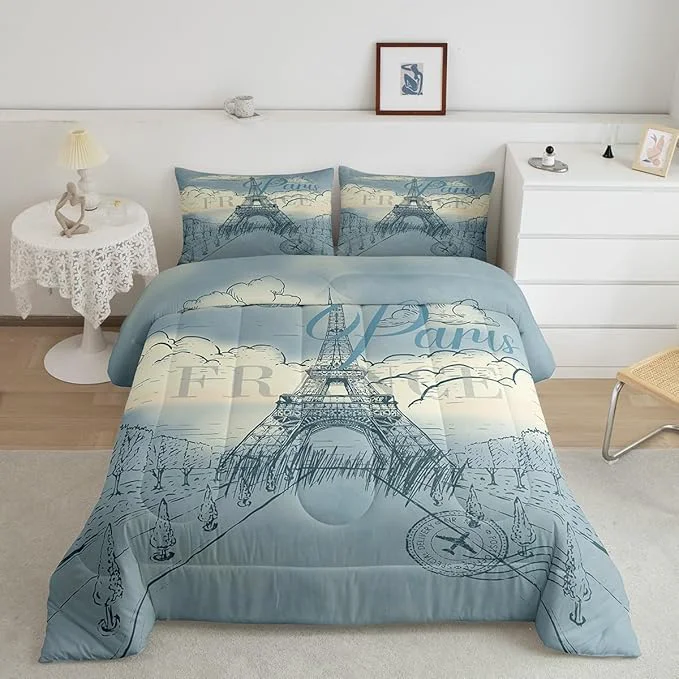Expertly Made Eiffel Tower Bed Comforters Set Queen Size Retro Paris Style Super Soft Microfiber Bedding Set for Boys Girls Vintage Cityscape Boys Girls Landmark Room Decorative Comforter Set 2 Pillowcase Stylish