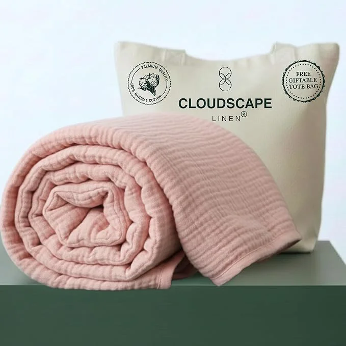 Safe CLOUDSCAPE Cotton Muslin Blanket Twin Size 4 Layer Oversized 68x92 Fits Twin XL Bed Soft Breathable Lightweight Summer Blanket for Adults Spring Gift for All Season - Seashell Pink Proven