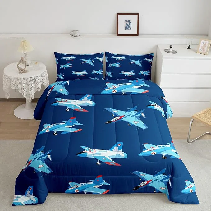 Durable Castle Fairy Kids Aircraft Comforter Set for Kids Cartoon Transportation Vehicles Bedding Sets Teens Cute Room Decor Boys Airplane Navy Blue Duvet Set Quilt Set Twin 1 Comforter with 1 Pillow Case Modern