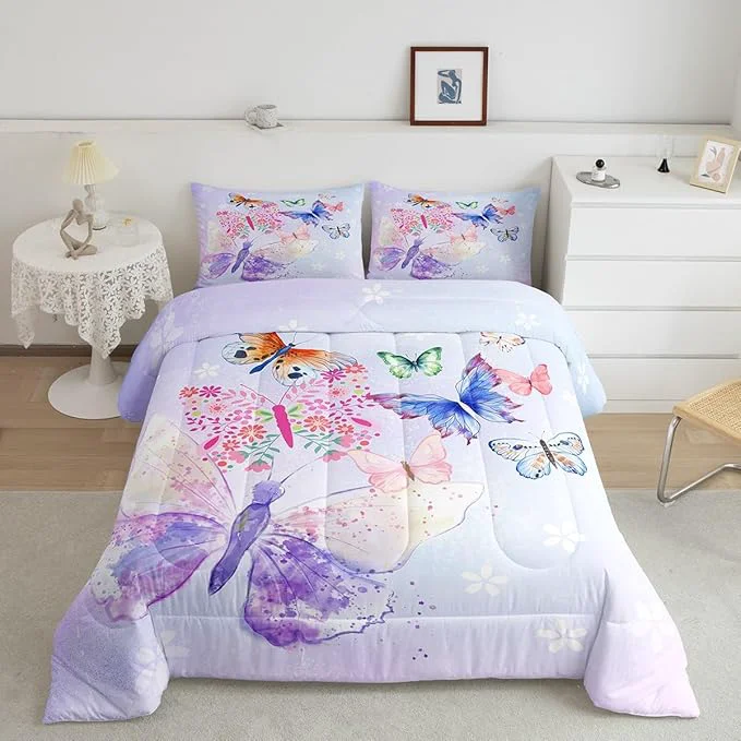 Exceptional Purple Butterfly Comforter Set for Kids Kids Girls Butterflies Bedding Sets Teens Cute Room Decor Daisy Flowers Rustic Flying Animal Duvet Set Quilt Set Twin 1 Comforter with 1 Pillow Case Top-Quality
