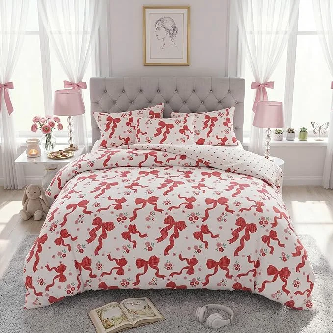 Solid Red Bow Comforter Set King Szie for Girls 3Pcs Ribbon Bowknot Bedding for Kids Kawaii Bedroom Decor Dreamy Priness Girly Puple Stripe Bows Comforter Set with 2 Pillowcases 104 quot x90 quot Premium