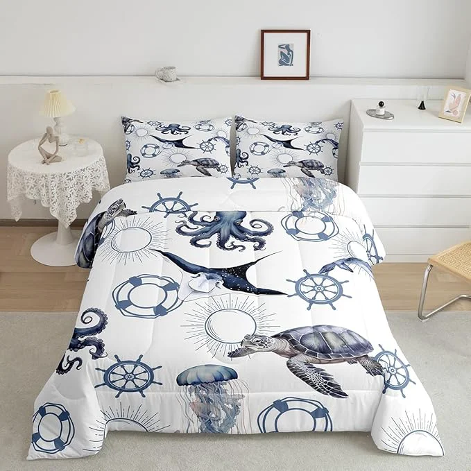User-Friendly Castle Fairy Sea Turtle Twin Size Down Comforter Set Octopus Jellyfish Ocean Life Duvet Quilt Set Soft Bed Collection Nautical Style Sea Animals Bedding Comforter for Boys Girls Bedroom 2 Pcs Traditional