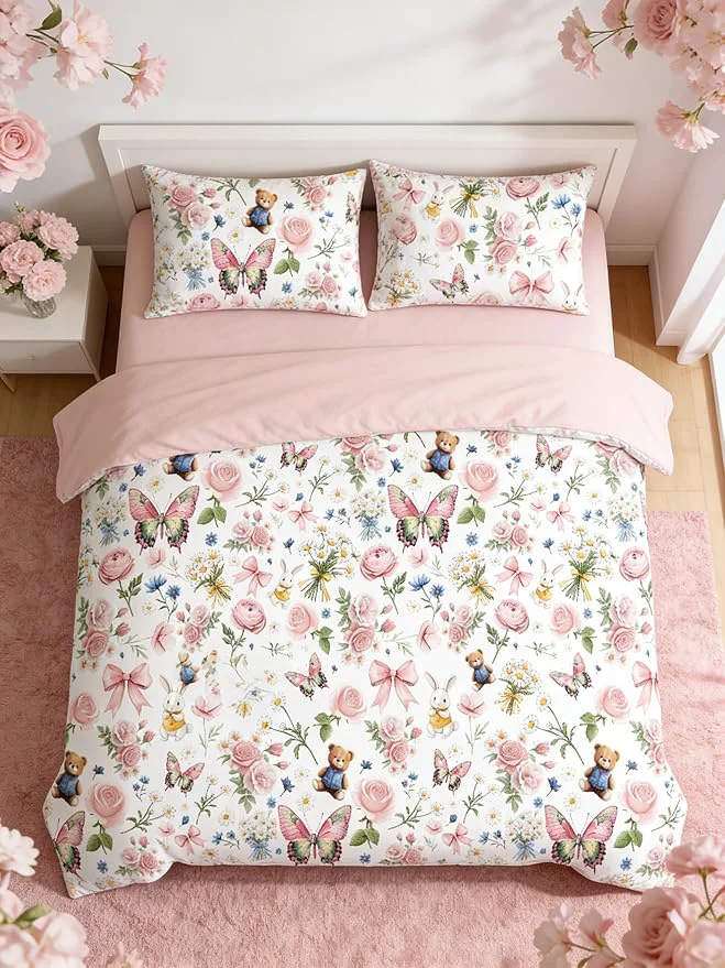 Innovative Pink Twin Bed in A Bag for Girls 5Pcs Priness Bow Comforter Set Butterfly Bedding for Kids Kawaii Bedroom Decor 1 Comforter 2 Pillowcases 1 Flat Sheet 1 Fitted Sheet Recyclable