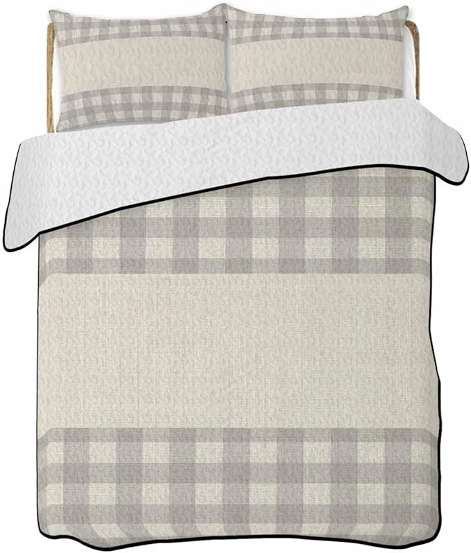 Proven Quilts Queen Size Retro Grey Soft Comforter Bedding Set for Bed Farmhouse Buffalo Plaid Vintage Beige Lightweight Quilted Bedspread with Pillow Cover 2 Pieces for All Season 90×96 Inch Authentic