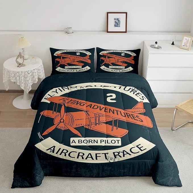 Artisan Castle Fairy Retro Aircraft Queen Size Comforter Set Vintage Airplane Orange Painting Down Comforter Adults Bedroom Decor Flying Adventure Helicopter Ultra Soft Inner Fill 3Pcs Bedding Versatile