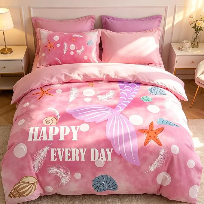 Girls Pink Mermaid Tail Comforter Set Queen Size Marine Life Soft Microfiber Bedding Set with Shells amp Starfish Pattern 3Pieces All Season Lightweight Summer Comforter Set for Girls Recyclable