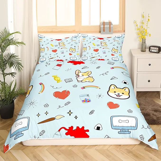 Stylish Castle Fairy Cartoon Dog Duvet Cover Queen Set Hippie Graffiti Painting Bedding Set for Kids Teens Kawaii Puppy Pet Theme Comforter Cover Soft Quilt Cover Home Decor No Comforter Excellent