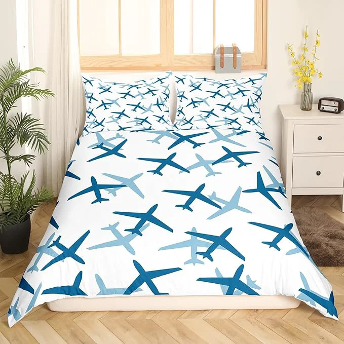 Next-Generation Castle Fairy Kids Aircraft Bedding Set Cartoon Transportation Vehicles Duvet Cover Set Boys Airplane Comforter Cover Blue White Bedspread Cover Bedroom Quilt Cover Full with 2 Pillowcase No Comforter Solid
