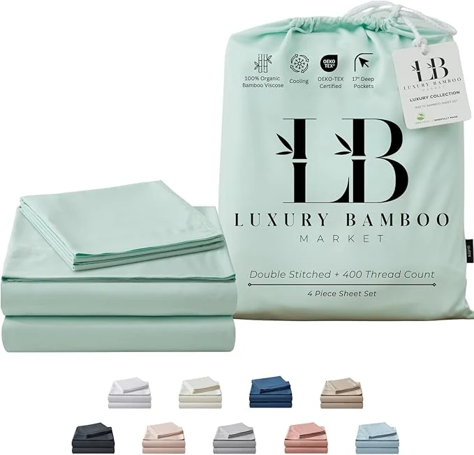 Relaxed Luxury Bamboo Market Queen Size Bed Sheet Set Viscose Made from Bamboo Organically Grown Ultra Soft Cooling Sheets for Hot Sleepers 17 quot Deep Pocket Coastal Green Original Design