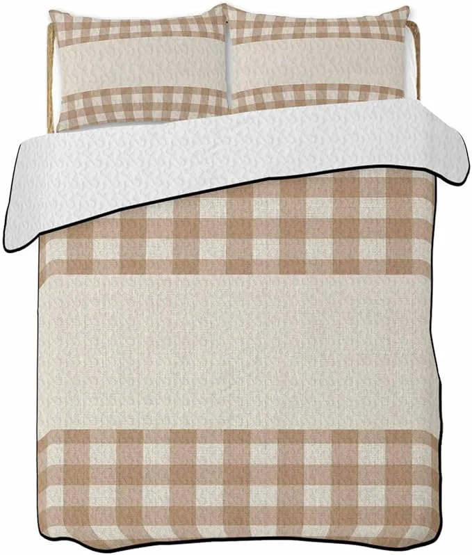 Outstanding Quilts King Size Retro Brown Soft Comforter Bedding Set for Bed Farmhouse Buffalo Plaid Vintage Beige Lightweight Quilted Bedspread with Pillow Cover 2 Pieces for All Season 96×106 Inch Innovative