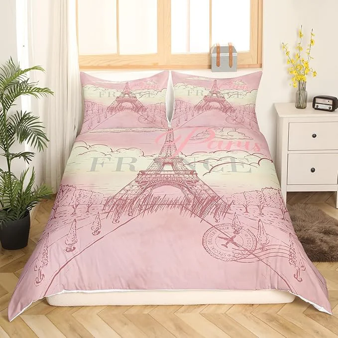 Convenient Castle Fairy Eiffel Tower Bedding Set Retro Paris Style Duvet Cover Set Vintage Cityscape Comforter Cover Girls Women Landmark Bedspread Cover Bedroom Quilt Cover Twin with 1 Pillowcase No Comforter Dependable