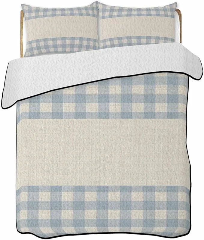 Expertly Made Quilts Twin XL Size Retro Blue Soft Comforter Bedding Set for Bed Farmhouse Buffalo Plaid Vintage Beige Lightweight Quilted Bedspread with Pillow Cover 2 Pieces for All Season 68×98 Inch Responsible