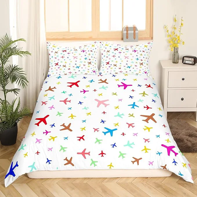 Comfortable Castle Fairy Kids Aircraft Bedding Set Watercolor Transportation Vehicles Duvet Cover Set Boys Airplanes Comforter Cover Colorful Bedspread Cover Bedroom Quilt Cover King No Comforter Luxury