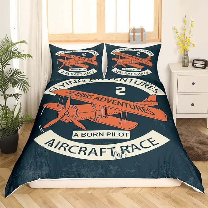 Fast Castle Fairy Retro Aircraft Bedding Set King Size Vintage Airplane Orange Painting Duvet Cover with 2 Pillowcase for Teens Adults Flying Adventure Helicopter Decorative Comforter Cover No Comforter Smooth