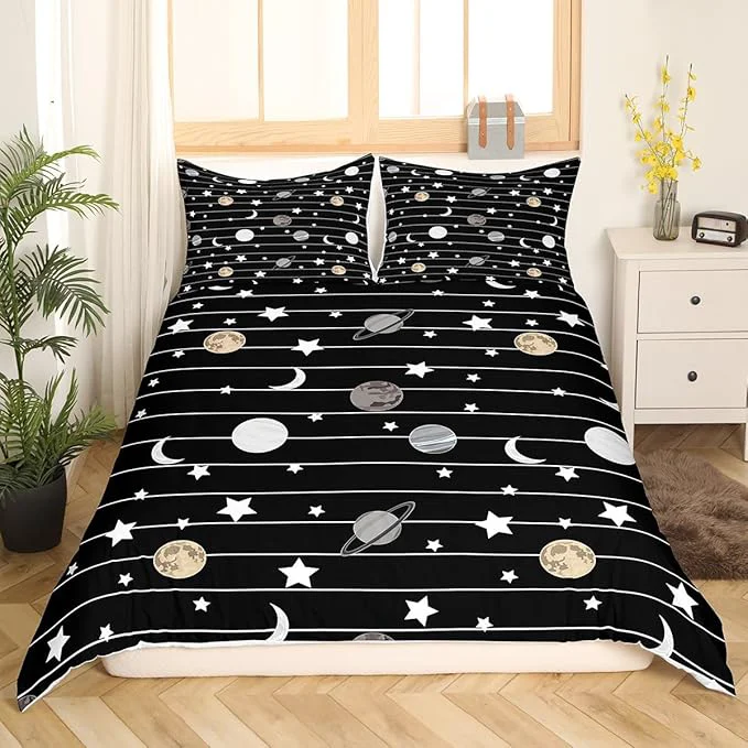 Refined Cartoon Planet Bedding Set Starry Galaxy Duvet Cover Set Moon Night Comforter Cover Set Black White Lines Bedspread Cover Bedroom Quilt Cover 3Pcs King with 2 Pillowcase No Comforter Minimalist