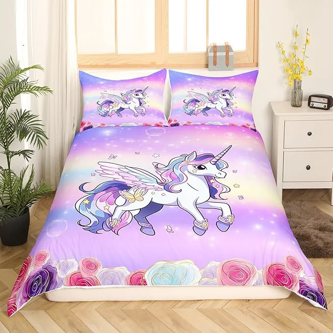 Optimized Kids Girls Unicorn Bedding Set Pink Purple Rainbow Duvet Cover Set Cartoon Unicorn Comforter Cover Rose Flowers Bedspread Cover Bedroom Quilt Cover Twin with 1 Pillowcase No Comforter High-Performance