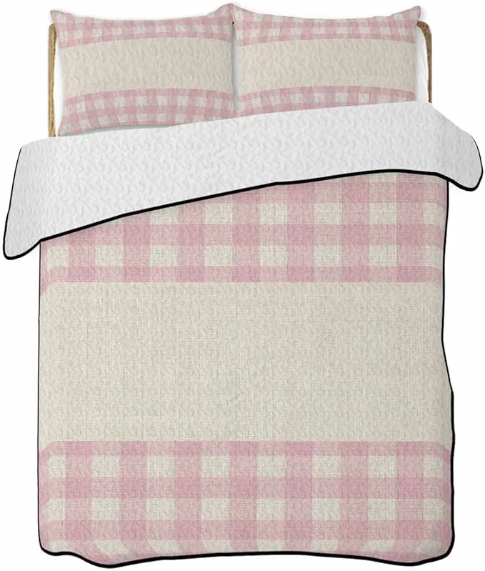Trusted Quilts Full Size Retro Pink Soft Comforter Bedding Set for Bed Farmhouse Buffalo Plaid Vintage Beige Lightweight Quilted Bedspread with Pillow Cover 2 Pieces for All Season 78×90 Inch Official
