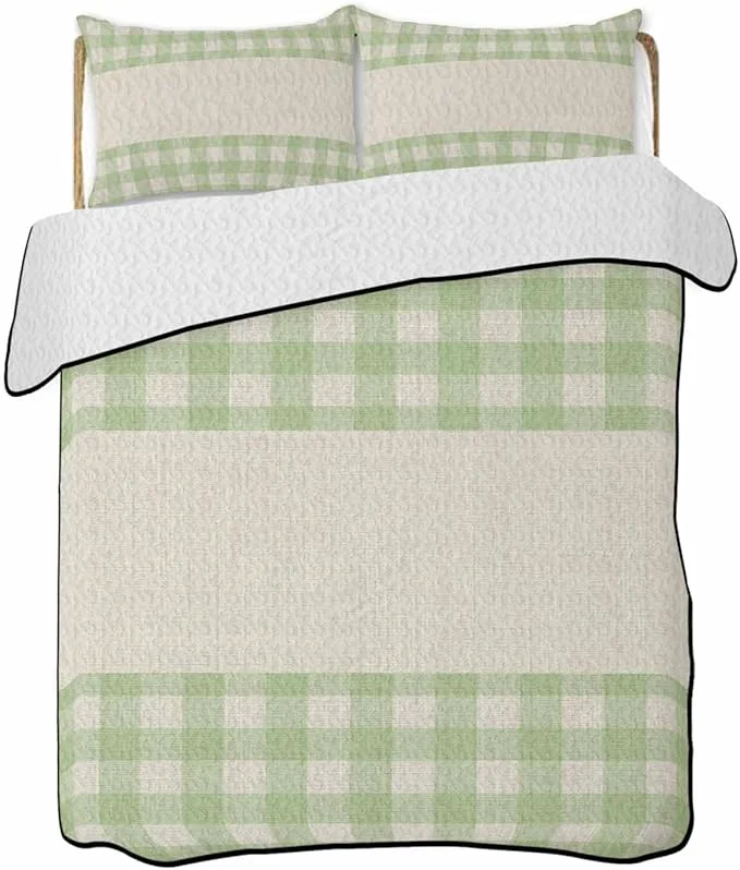 Premium Quilts Full Size Retro Green Soft Comforter Bedding Set for Bed Farmhouse Buffalo Plaid Vintage Beige Lightweight Quilted Bedspread with Pillow Cover 2 Pieces for All Season 78×90 Inch Clean