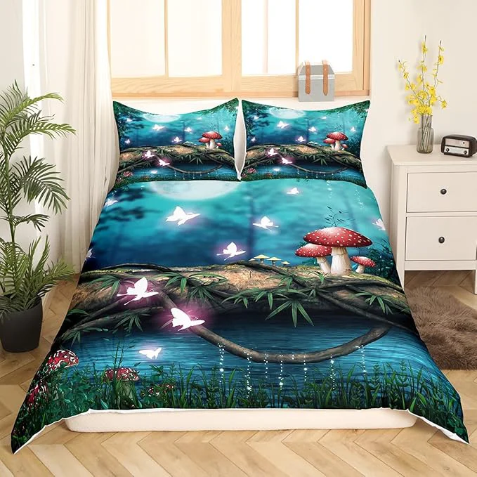 Fashionable Red Mushroom Bed Set for Boys Girls Moon Night Sky Jungle Comforter Cover for All Season al Butterfly Cartoon Plant Ultra Soft Bedding Set Quilt Cover Queen Size 3 Pieces Reusable