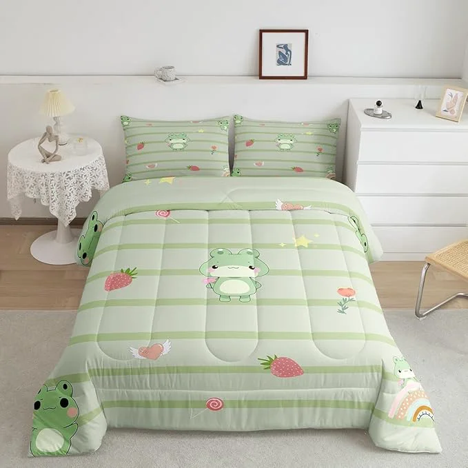 Fine Crafted Castle Fairy Cute Frog Bed Comforters Set Queen Size Pink Strawberry Sweet Fruits Super Soft Bedding Set for Boys Girls Light Green Frogs Stripes Room Decorative Comforter Set 2 Pillowcase Clean