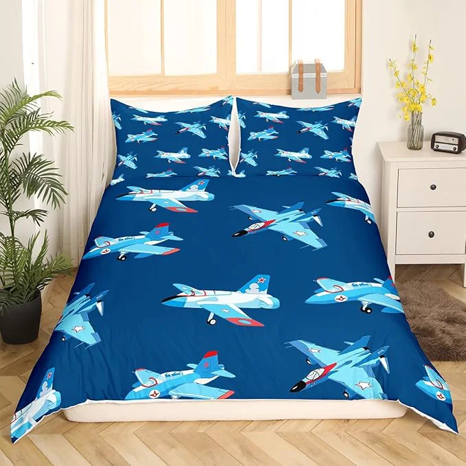 Certified Castle Fairy Kids Aircraft Bedding Set Cartoon Transportation Vehicles Duvet Cover Set Boys Airplane Comforter Cover Navy Blue Bedspread Cover Bedroom Quilt Cover Twin with 1 Pillowcase No Comforter Luxury