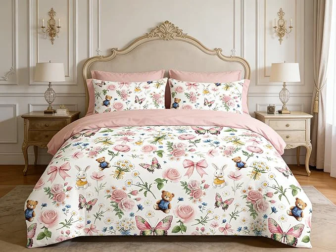 Traditional Pink Floral Queen Bed in A Bag for Girls 5Pcs Pink Bow Comforter Set Cute Priness Butterfly Bedding Set 1 Comforter 90 quot x90 quot 2 Pillowcases 1 Fitted Sheet 1 Flat Sheet Smart