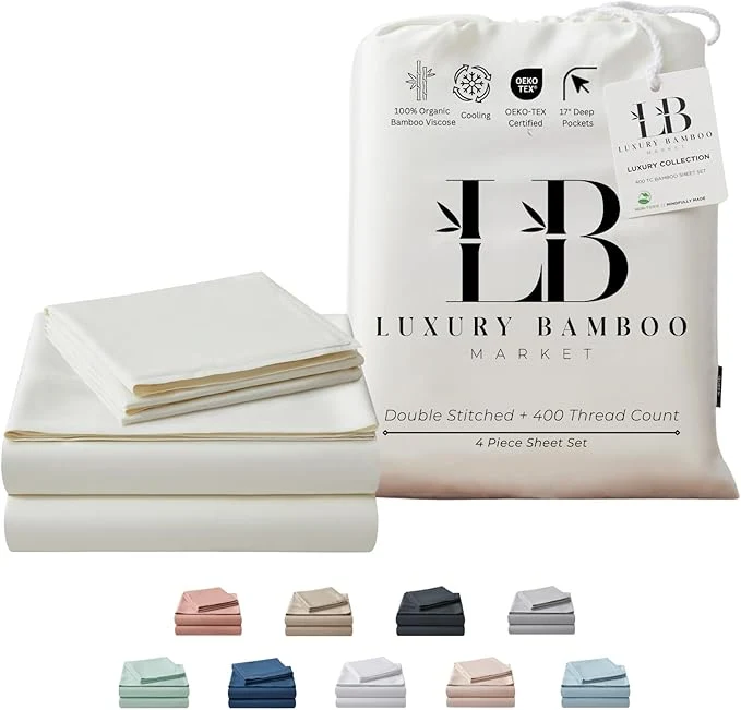 Long-Lasting Luxury Bamboo Market King Size Bed Sheet Set Viscose Made from Bamboo Organically Grown Ultra Soft Cooling Sheets for Hot Sleepers 17 quot Deep Pocket Opulent Ivory Green