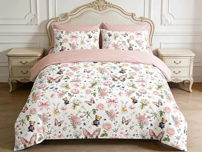 Exceptional 5Pcs Pink Bow Comforter Set Full Size Pink Floral Bed in a Bag for Girls Priness Butterfly Bedding Set for Girly Bedroom Decor 1 Comforter amp 2 Pillowcases 79 quot x90 quot Authentic