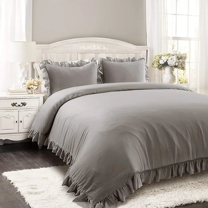 Artisan Lush Decor Reyna Ruffle Comforter Set – 3 Piece Cozy Ruffled Bedding Set – Timeless Elegance and Comfort for Bedroom – King Gray Organic