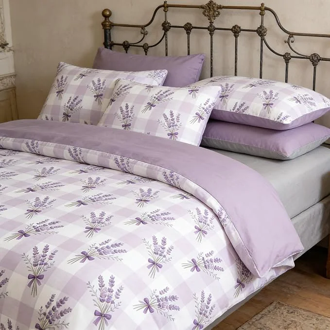 Lightweight Lavender Comforter Set Full Size 5Pcs Purple Gingham Bedding Boho Plaid Checkered Quilted Comforter with 2 Pillow Cases 1 Flat Sheet 1 Fitted Sheet 79 quot x90 quot Official