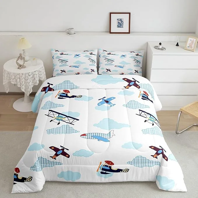 Superior Castle Fairy Kids Aircraft Comforter King Size Boys Teens Airplanes Comforter Set Bedding Set for Kids Adults Blue White Clouds Chic Gingham Duvet Set Ultra Soft Room Decor 3Pcs Quilt Set Easy-to-Use