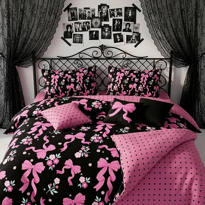 Outstanding Black Pink Bow Comforter Set Full Size Pink Bow Bedding 3 Pcs Love Heart Soft Microfiber Comforter Set with 2 Pillowcases 79 quot x90 quot High-Grade