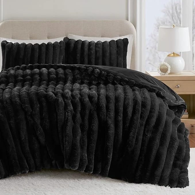 Recyclable Madison Park Jasmine King Comforter Set Luxurious Reversible Faux Fur Plush Ribbed Velvet Bedding Fuzzy Thick Warm Winter Comforter Super Soft Fluffy 3-Piece Set Black Minimalist