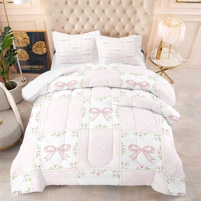 Smart Pink Bowknot Comforter Set Twin for Girls 2 Pcs Checkered Plaid Bedding with Pink Green Botanical Floral French Country Style Quilted Comforter with 1 Pillowcase 68 quot x86 quot Classic