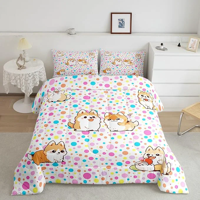 Professional Castle Fairy Kawaii Dogs Bedding Set for Boys Girls Colorful Polka Dots All Season Cozy Comforter Set Full Size Cartoon Puppies Cute Pet Theme Duvet Set Bedroom Décor Gift for Kids Unique