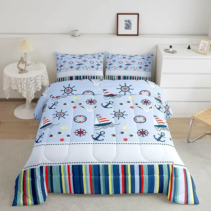 Superior Castle Fairy Nautical Anchor Bedding Set for Boys Girls Ocean Fish Seagull Blue All Season Cozy Comforter Set Full Size Outdoor Adventure Red Blue Stripes Duvet Set Bedroom Décor Gift for Kids Original Design