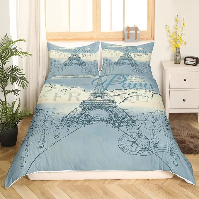 Trusted Castle Fairy Eiffel Tower Bedding Set Retro Paris Style Duvet Cover Set Vintage Cityscape Comforter Cover Boys Girls Landmark Bedspread Cover Bedroom Quilt Cover King with 2 Pillowcase No Comforter Original