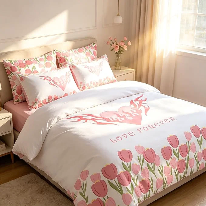 First-Class Girls Pink Floral Comforter Set Queen Size Pink Tulip Soft Microfiber Bedding Set with Love Heart Pattern 3Pieces All Season Lightweight Summer Comforter Set for Girls Pure