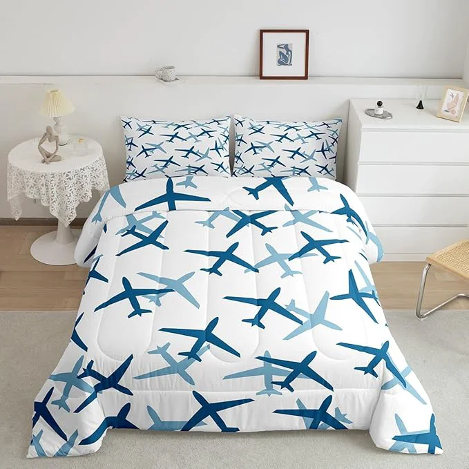 World-Class Kids Aircraft Comforter Set for Kids Cartoon Transportation Vehicles Bedding Sets Teens Cute Room Decor Boys Airplane Blue White Duvet Set Quilt Set Twin 1 Comforter with 1 Pillow Case Selected