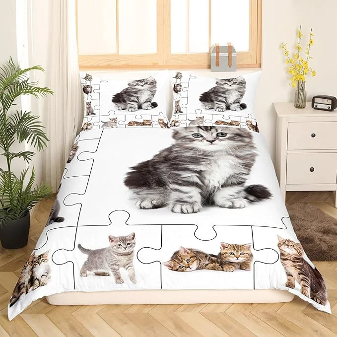 Advanced 3D Cats Print Bedding Set Cute Pet Theme Duvet Cover Set Lovely Kittens Kids Comforter Cover Set Cartoon Animal Bedspread Cover Bedroom Quilt Cover 3Pcs Full with 2 Pillowcase No Comforter Eco-Friendly