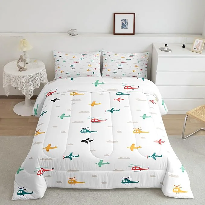 Crafted Kids Aircraft Comforter Set King Watercolor Transportation Vehicles Bedding Set for Boys Girls Teens Bedroom Decor Boys Airplanes Colorful Helicopter Quilt Set Super Soft Duvet Set Gift for Her Him First-Class