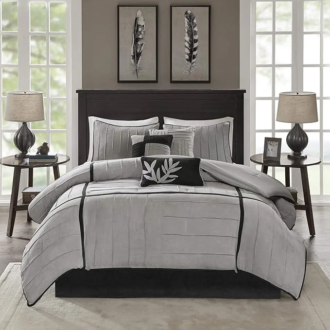 Premium Material Madison Park Cozy Comforter Set Casual Blocks Design All Season Matching Bed Skirt Decorative Pillows Full 82 quot x90 quot Dune Suede Black Grey 7 Piece Long-Lasting