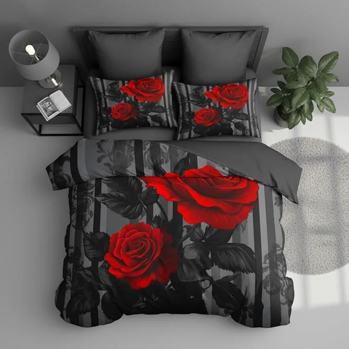 Classic Black Red Comforter Set King Size Women Red Rose Bedding Set with Black Grey Stripe Background Suitable for Gothic Vintage Decor 2 Pillowcases 3Piece Elegant
