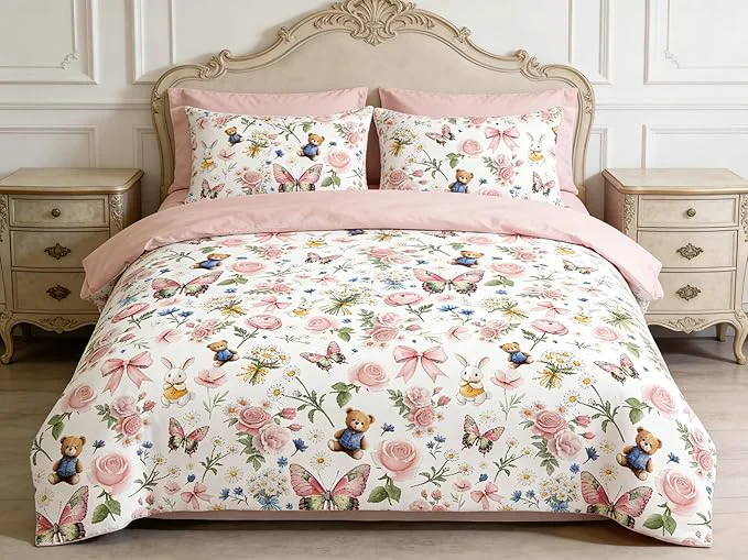 Official Pink Botanical Comforter Set King for Girls 5Pcs Bow Butterfly Bedding for Kids Kawaii Bedroom Decor Cute Priness Girly Rabbit Bear Comforter Set with 2 Pillowcases 90 quot x90 quot High-Performance